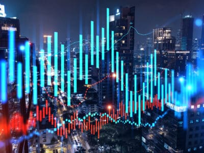 FOREX graph hologram, aerial night panoramic cityscape of Bangkok, the developed location for stock market researchers in Asia. The concept of fundamental analysis.