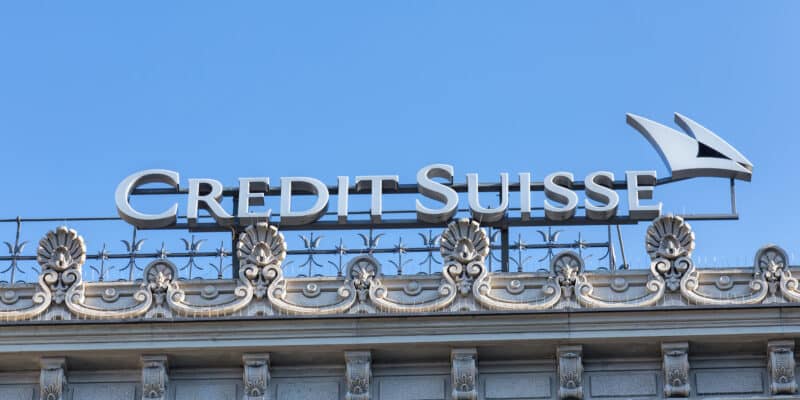 Zurich, Switzerland - 7 June, 2015: Credit Suisse logotype on the top of the Credit Suisse building on the Paradeplatz square