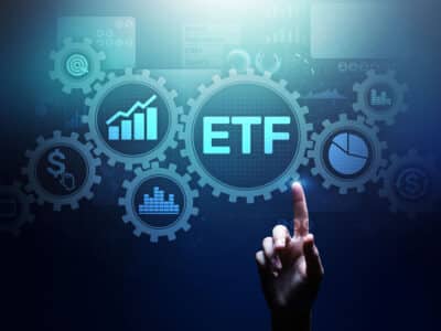 ETF Exchange traded fund Trading Investment Business finance concept on virtual screen.