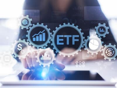 ETF Exchange traded fund Trading Investment Business finance concept on virtual screen.