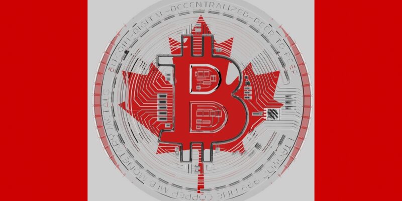 bitcoin logo on the Canadian flag