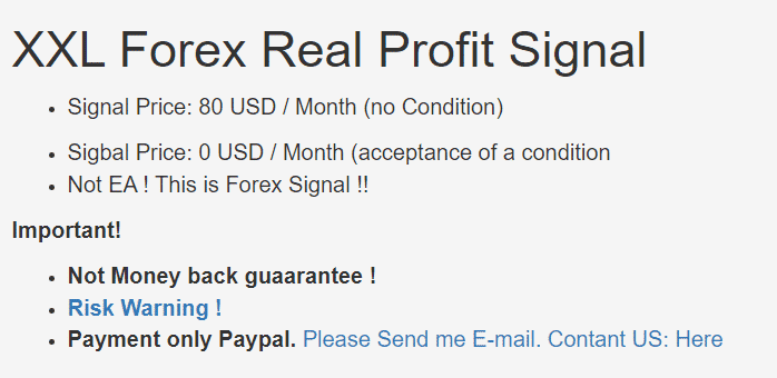 Pricing details on the XXL Forex Real Profit website