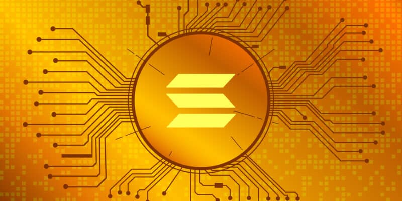 Solana SOL cryptocurrency token symbol in circle with PCB tracks on gold background. Currency coin icon. Vector illustration.