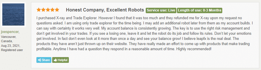 Customer feedback for the robot on Forex Peace Army.
