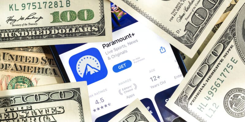 Paramount Plus app, TV streaming application icon close-up on mobile phone, business background