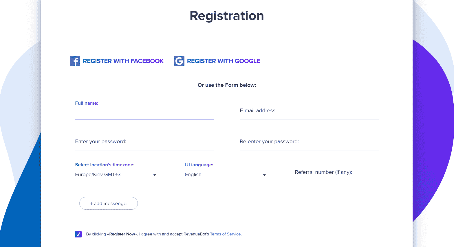The online registration form